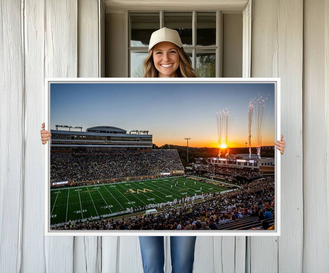 Canvas wall art print depicting the Demon Deacons football stadium at sunset with fireworks.