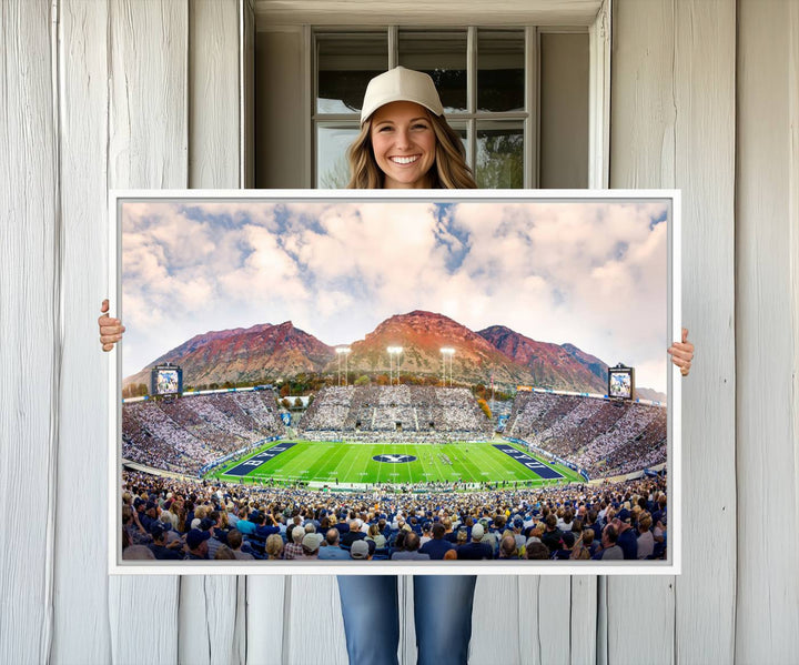 A museum-quality canvas featuring BYU Cougars Football at LaVell Edwards Stadium with a stunning mountain view.