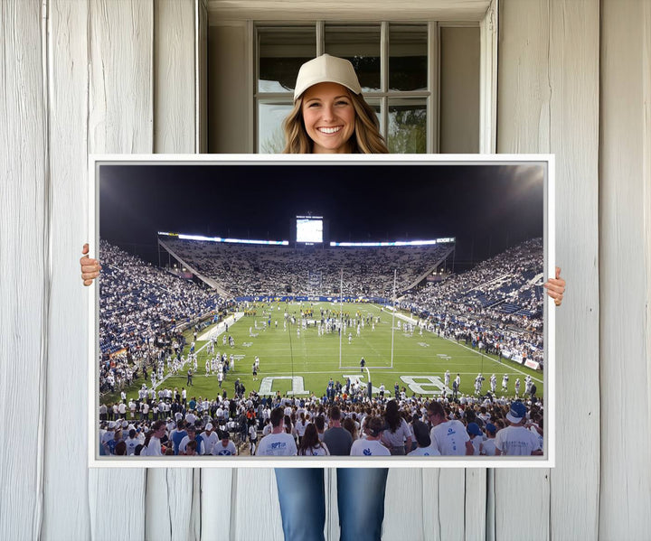 The wall art is a premium canvas of LaVell Edwards Stadium, offering a gallery-quality finish that showcases BYU Cougars pride.