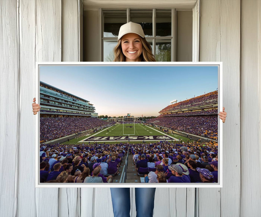 Sunset view of fans in purple at Bill Snyder Family Stadium, captured in a stunning gallery wall art canvas, perfect for a modern living room or office.