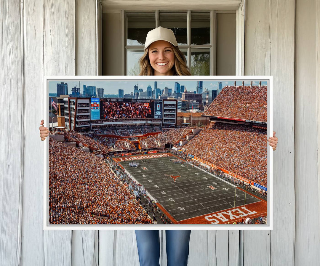 A premium canvas wall art featuring the University of Texas Longhorns stadium, showcasing a vibrant sea of orange.