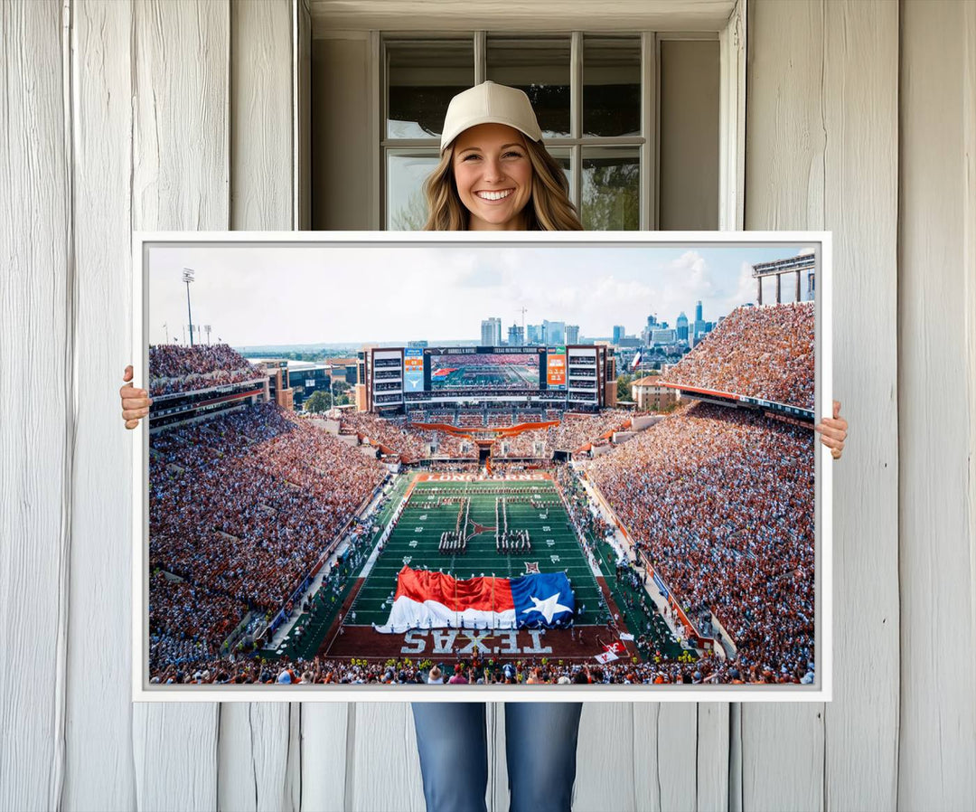 University of Texas Longhorns canvas: A premium print depicting Darrell K Royal-Texas Memorial Stadium with the city skyline and Texas flag.