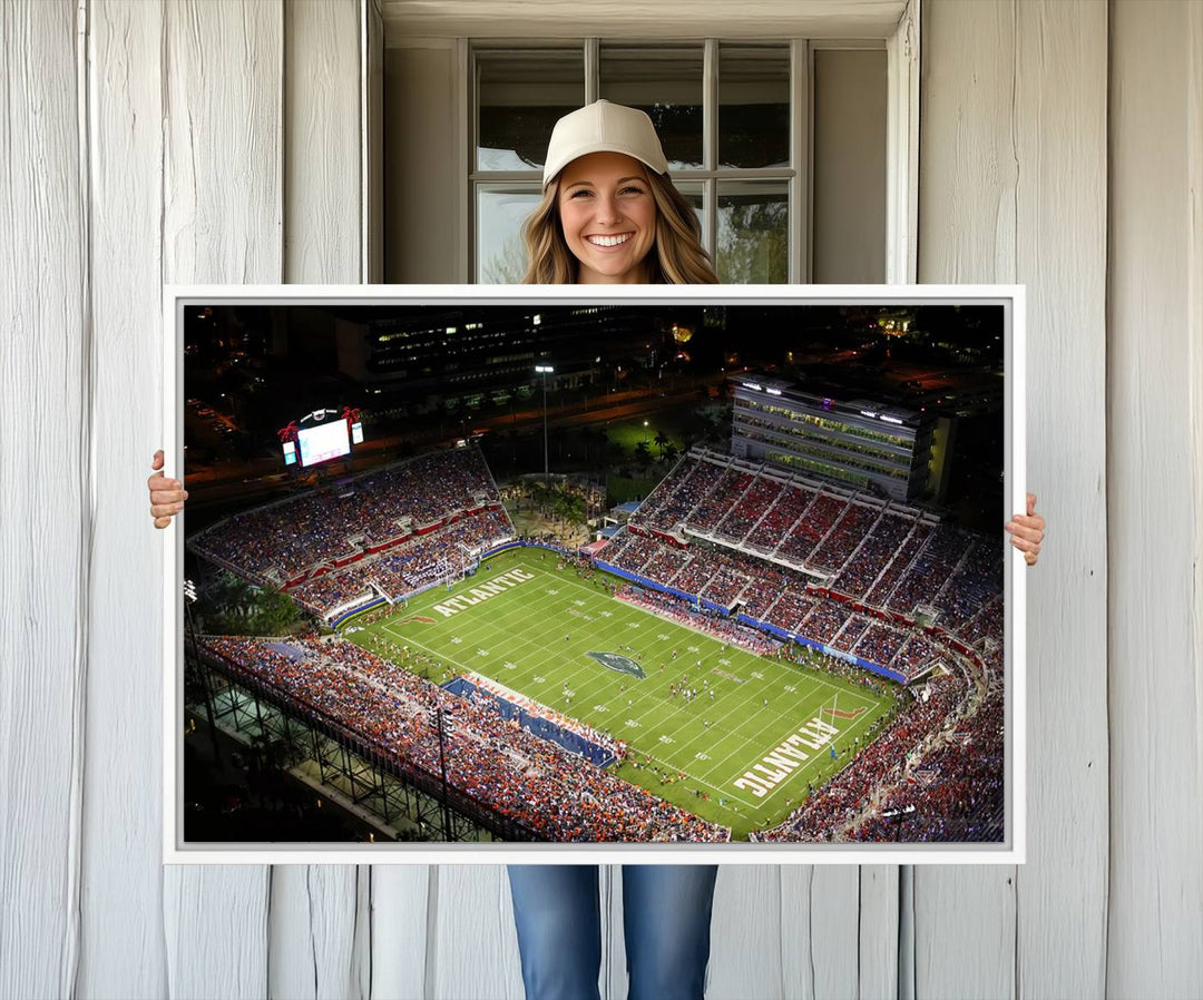 Aerial view of Florida Atlantic University Owls football stadium as a gallery-quality wall art canvas print.