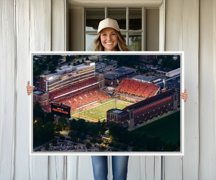 Aerial view of the University of Illinois Memorial Stadium on premium canvas, capturing buildings and greenery at dusk.