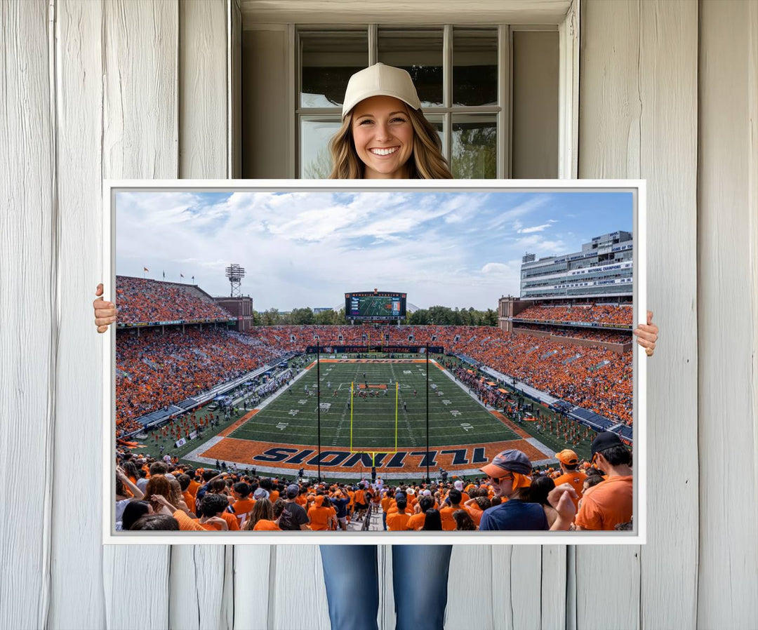 The Illinois stadium packed with orange-clad fans makes for a premium University of Illinois canvas wall art.