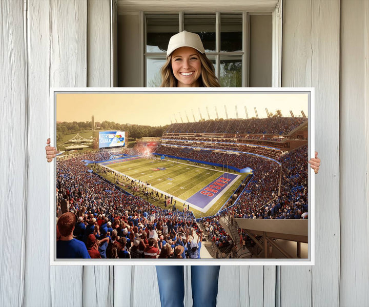 A premium University of Kansas Jayhawks Football Team canvas print captures the essence of a sunset football game, filling the stadium with vibrant energy.