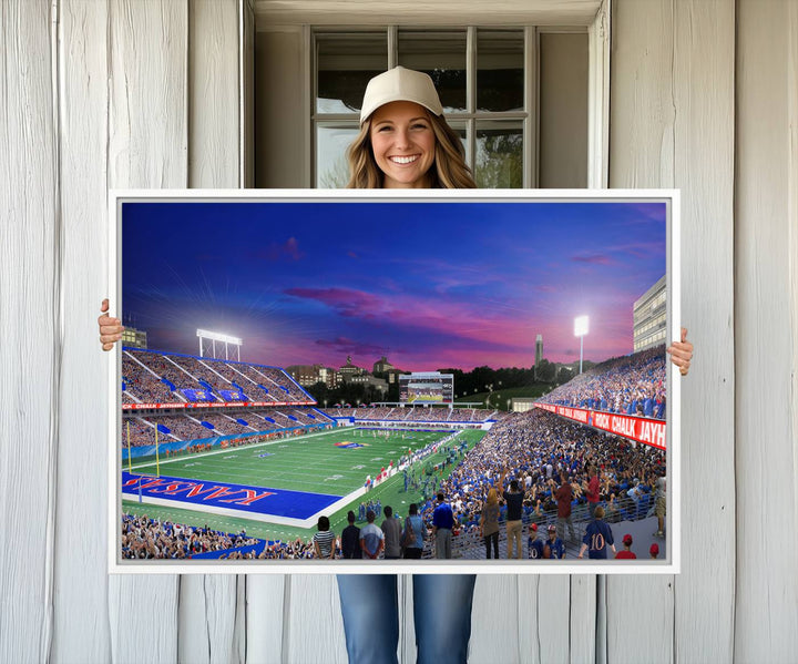 A canvas art piece depicting the Kansas Jayhawks stadium at twilight, vibrant in a modern setting.