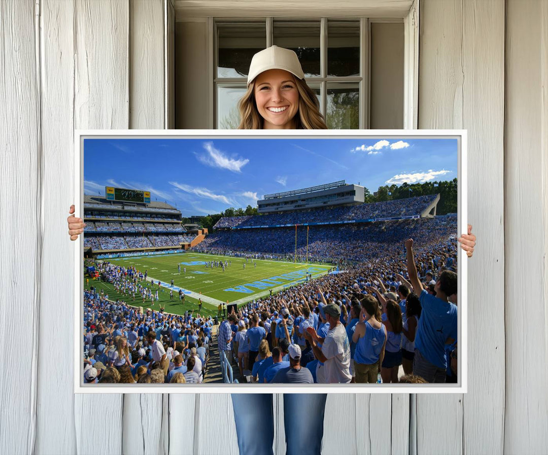 A University of North Carolina Tar Heels football stadium print on canvas.