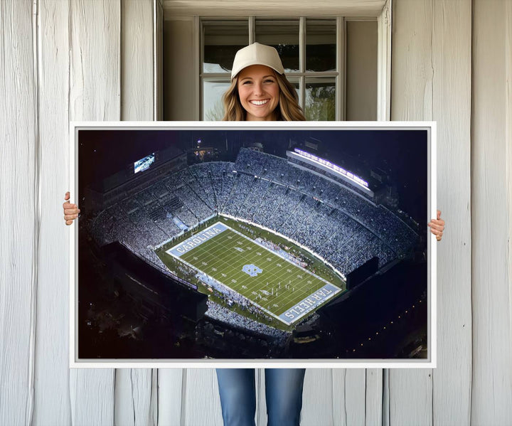 Aerial view of UNC Tar Heels night game at Kenan Memorial Stadium, perfect wall art canvas for fans.