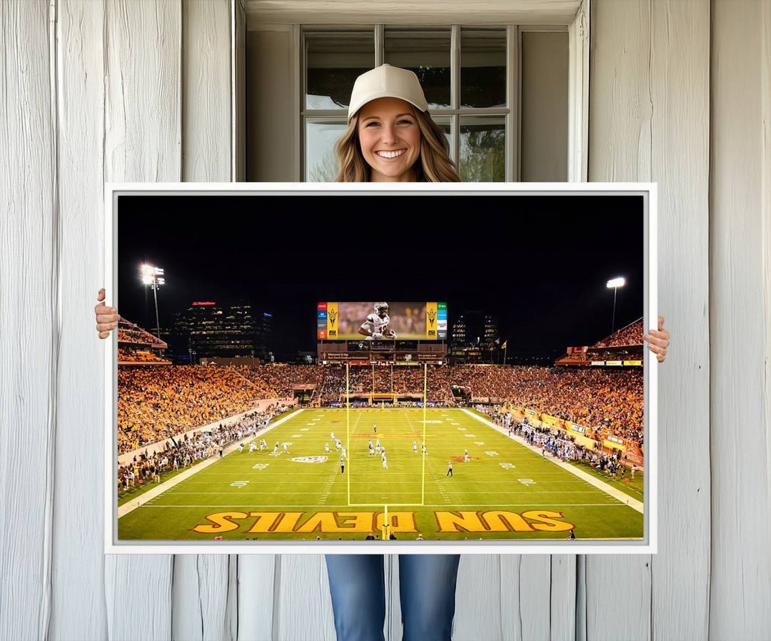 ASU Sun Devils Football Team Print - Wall Art Canvas featuring the Sun Devils end zone at Phoenix Mountain America Stadium.