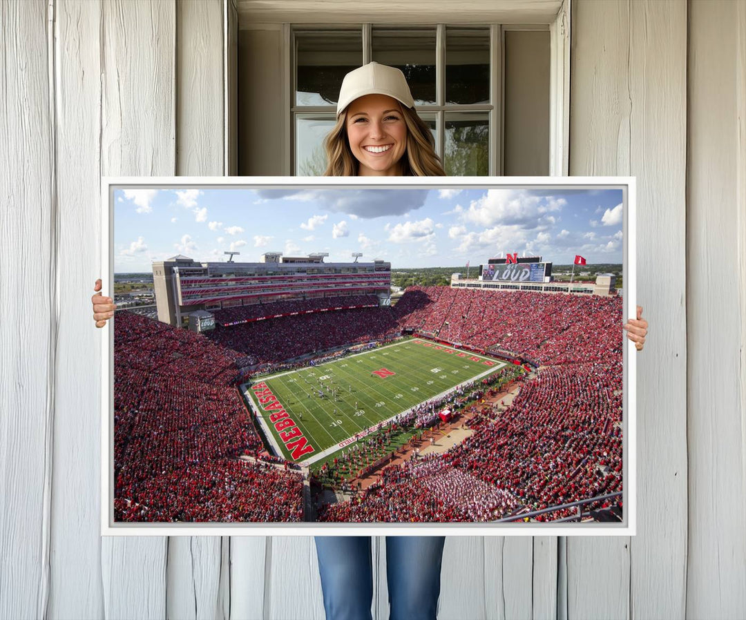 Wall art canvas print depicting a wide-angle view of Lincoln Memorial Stadium during a University of Nebraska game.