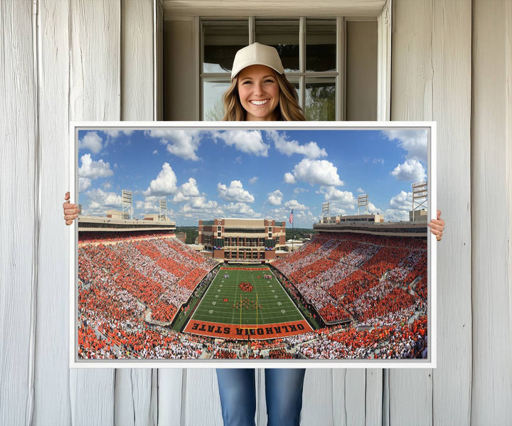 Boone Pickens Stadium was adorned with vibrant murals of Cowboys under a bright blue, cloud-speckled sky.