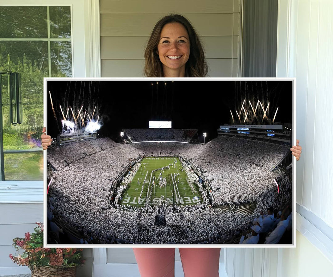 Wide-angle print of a packed stadium with fireworks, ideal gallery-quality wall art - Penn State Nittany Lions Canvas.