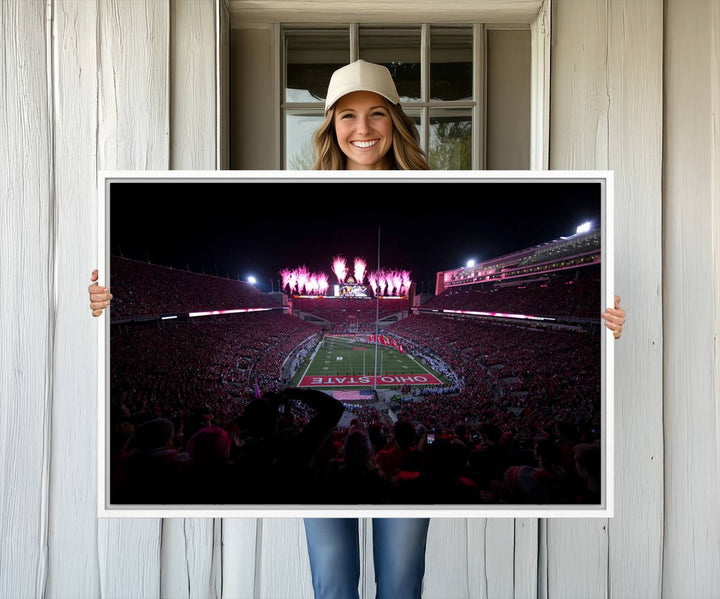 Premium canvas wall art featuring Ohio State University Buckeyes football stadium and fireworks.