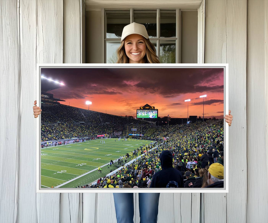 This stunning wall art print captures a vibrant sunset at Eugene Autzen Stadium.