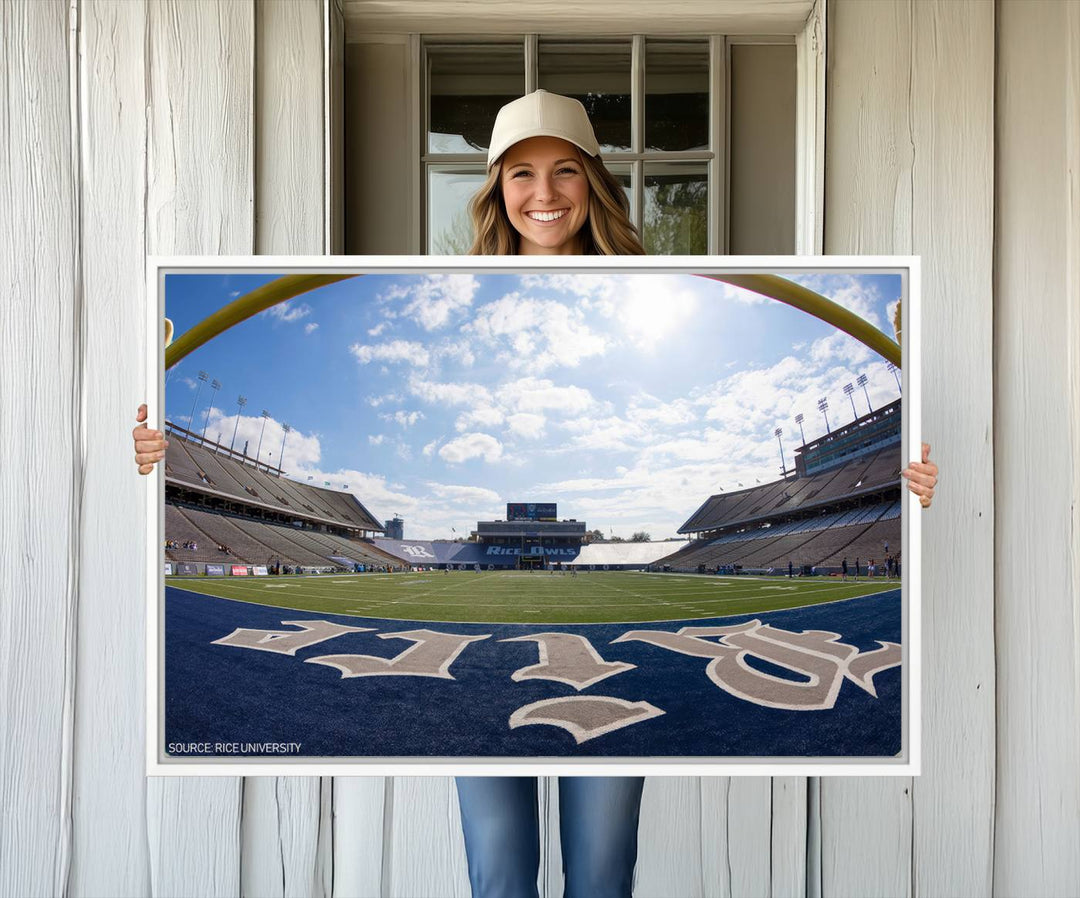 Fish-eye view of an empty stadium, ideal wall art on premium canvas: Rice University Owls Football Team Print.