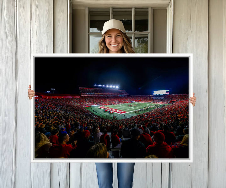 A premium canvas wall art print depicting Rutgers Scarlet Knights SHI Stadium filled with fans under vibrant lights.