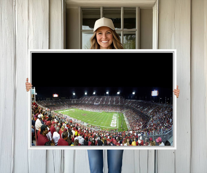 This Stanford University Cardinal Football Team canvas print, depicting fans in red filling Stanford Stadium at night, is perfect.