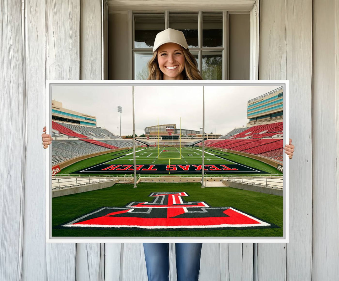 Gallery-quality print of Lubbock Jones AT&T Stadium featuring the Texas Tech Red Raiders field, highlighted by red and gray bleachers.