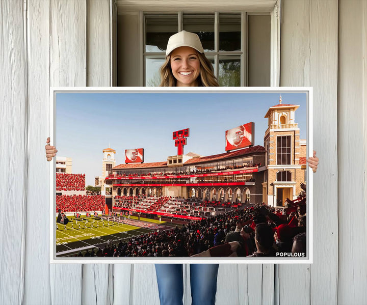 The three-panel Jones AT&T Stadium wall art is ideal for enhancing the living room decor of college football fans.