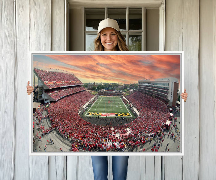 A packed SECU Stadium at sunset, ideal for your University of Maryland Terrapins Football Team wall art canvas print.