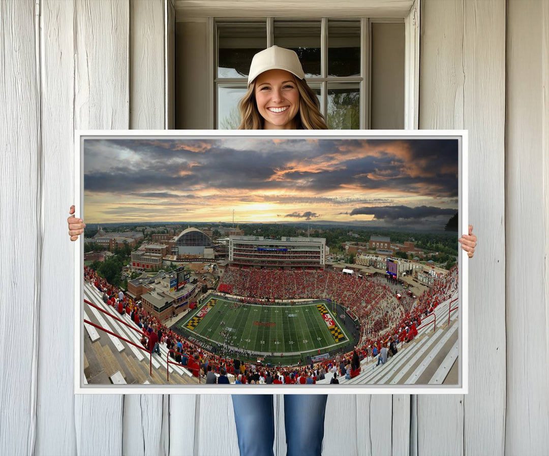 The University of Maryland Terrapins Football Team Print features SECU Stadium at sunset with vibrant skies.