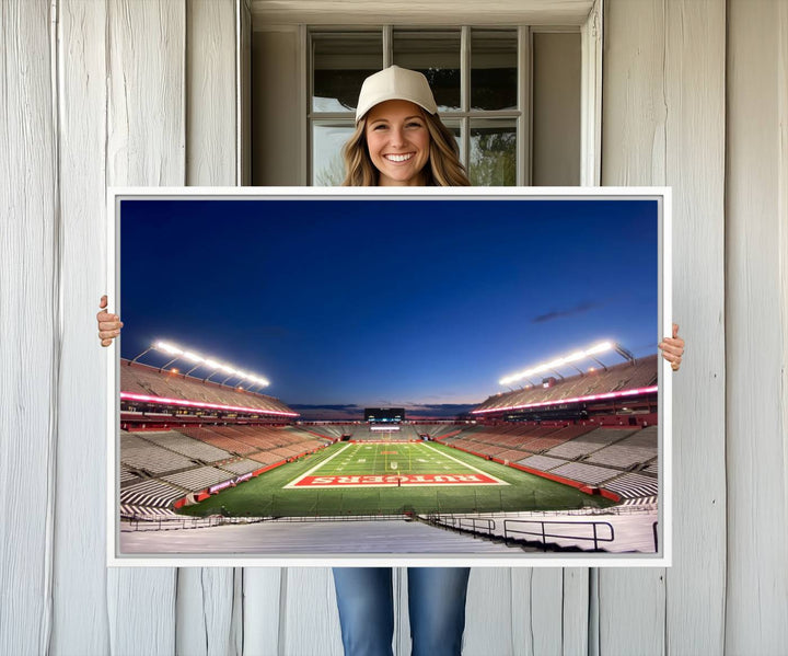 A large SHI Stadium at dusk, ideal for a Rutgers Scarlet Knights Football Team canvas print.