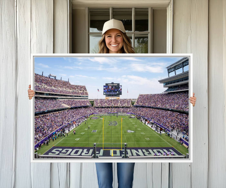 The TCU Horned Frogs print portrays a vibrant Amon G. Carter Stadium, filled with energy and game action.