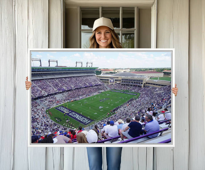 Amon G. Carter Stadium wall art canvas showcasing the TCU Horned Frogs and packed stands at Fort Worth.