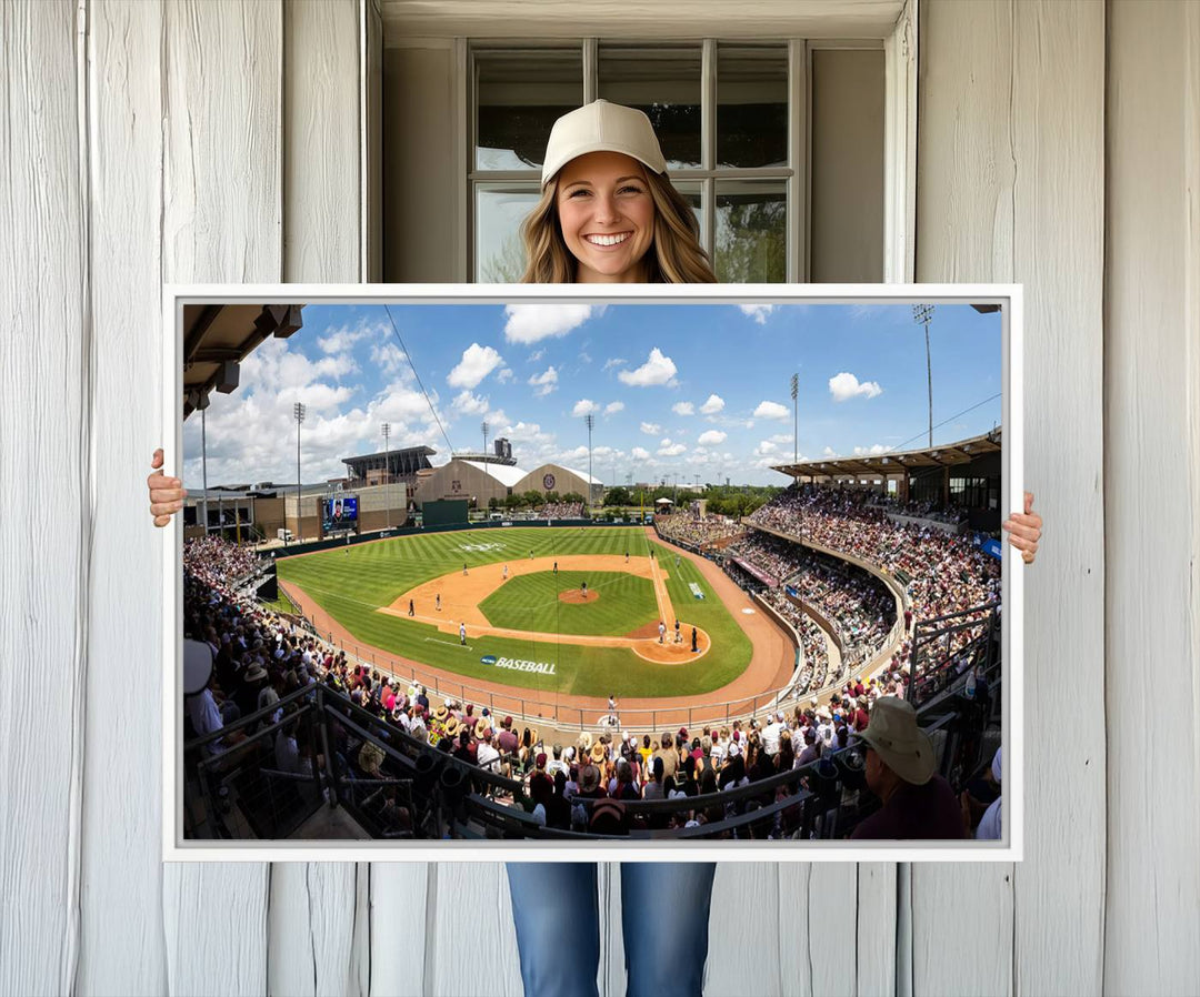 A baseball stadium under a blue sky, capturing the energy of The Texas A&M Aggies Athletics Kyle Field Wall Art.