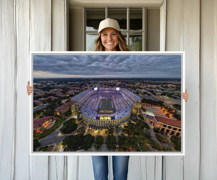 The LSU Tigers Football Team Baton Rouge Tiger Stadium Canvas is displayed prominently, capturing attention with its vivid depiction of the iconic stadium.