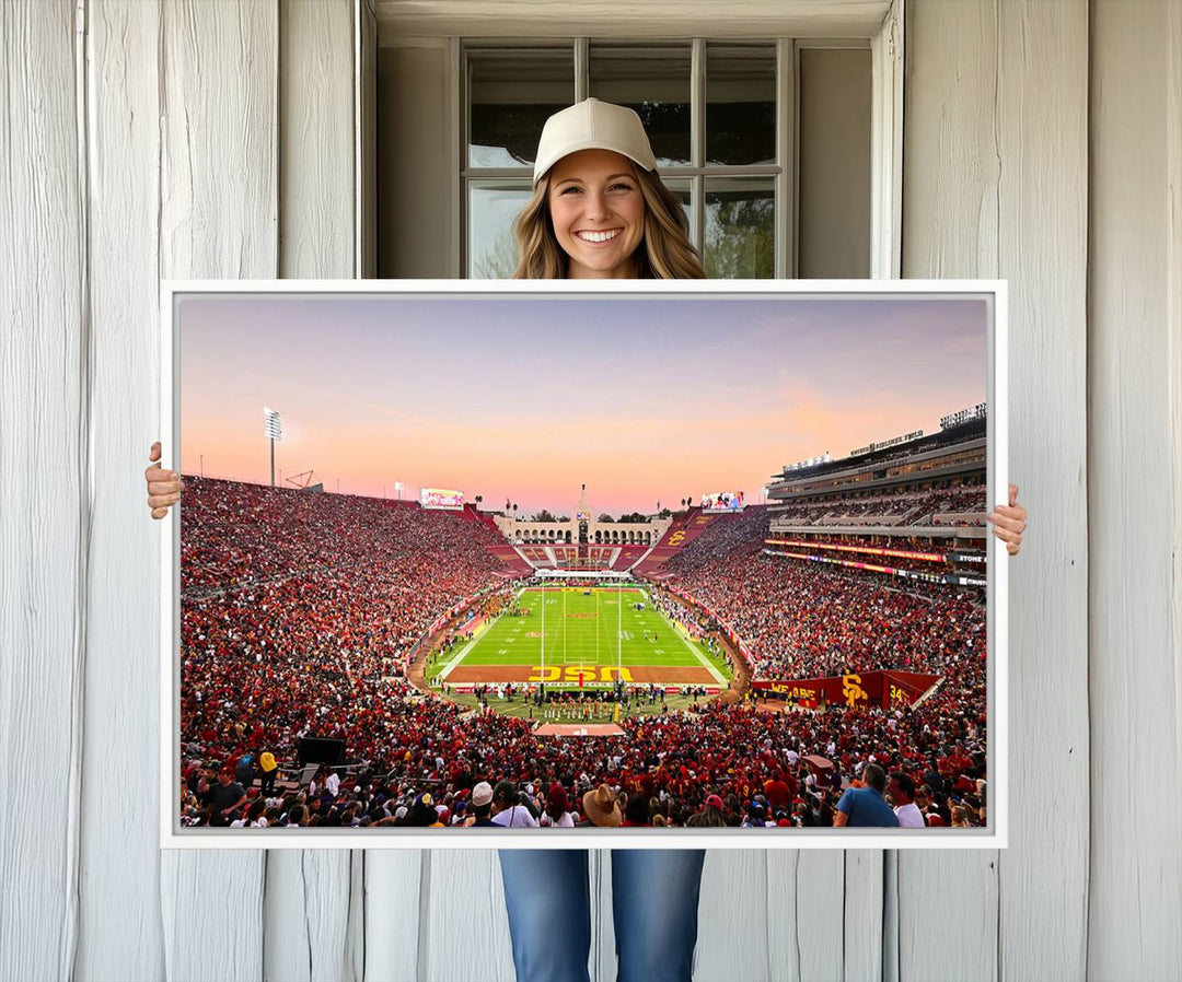 A USC Trojans wall art canvas print highlights the scene, depicting the Coliseum Stadium at sunset.