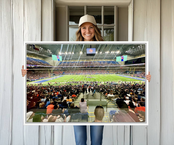 The UTSA Roadrunners Alamodome canvas print hangs in the living room.