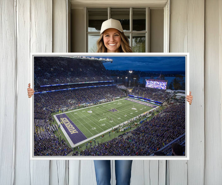 The University of Washington Huskies Football Team Print: Seattle Husky Stadium Wall Art Canvas captures a dusk stadium view.