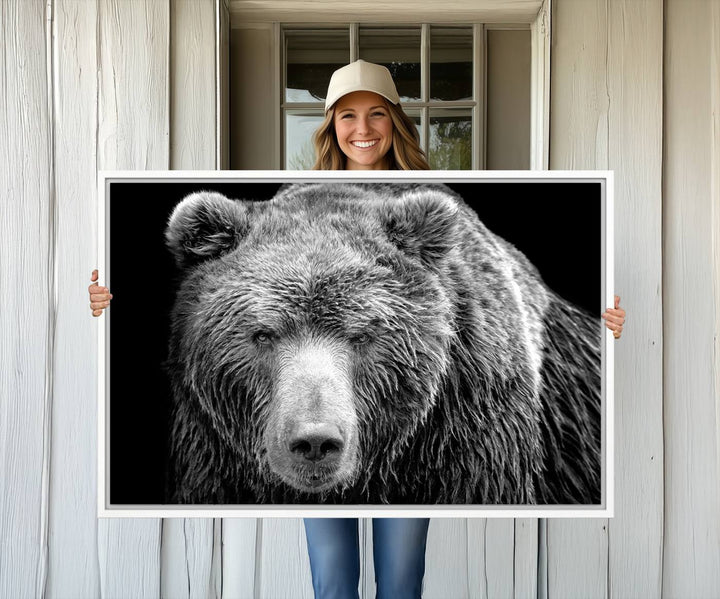 The 399 Grizzly Bear Canvas Print is displayed prominently on a wall in a modern living room.