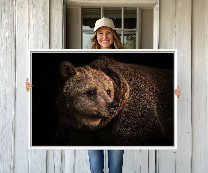 The Wild Grizzly 399 Bear Canvas Wall Art Print enhances modern living rooms with its neutral color palette.
