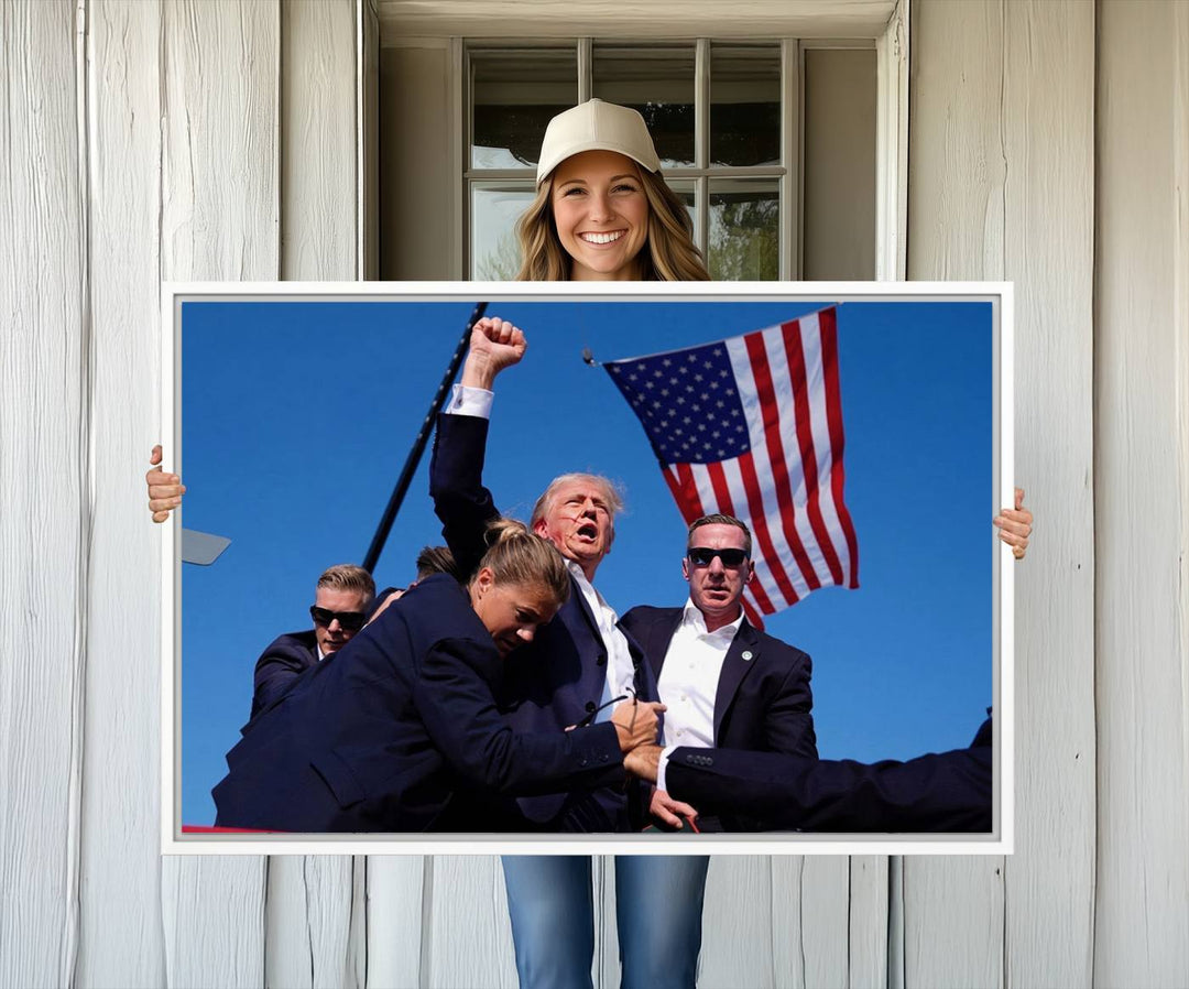 A wall art print depicting Trump reacting to an assassination attempt serves as a unique gift for supporters.