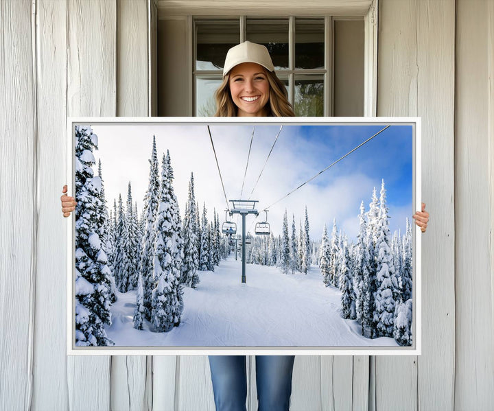 Winter Ski Lift Wall Art Print: Snowy Mountain Adventure, ideal for cabin or farmhouse decor under a clear blue sky.