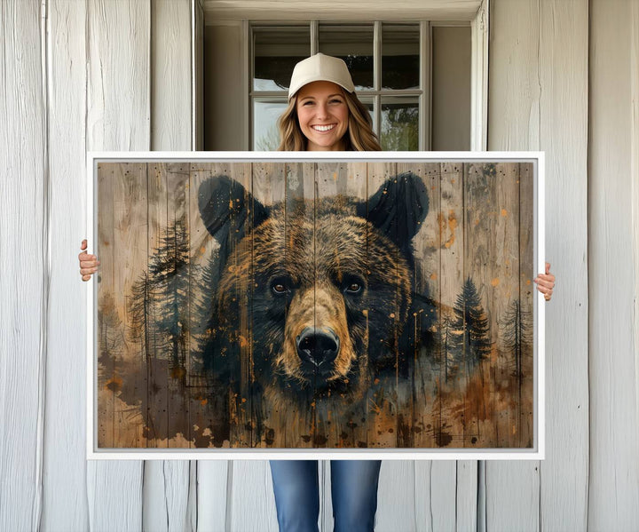 Abstract 399 Bear Wall Art showcases a bears face intertwined with forest trees, ideal for enhancing rustic lodge, cabin, or barn decor.