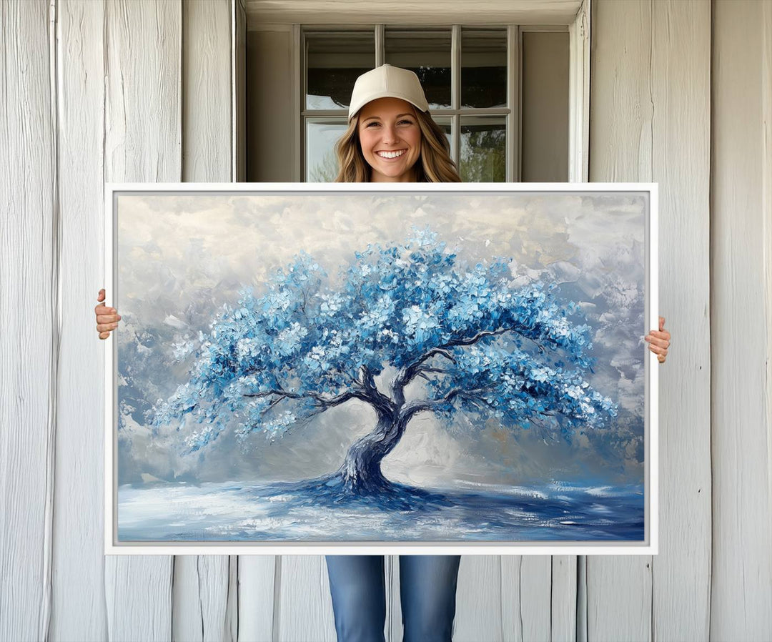 Abstract Blue Tree Art Print featuring textured blues and grays, perfect for farmhouse decor.