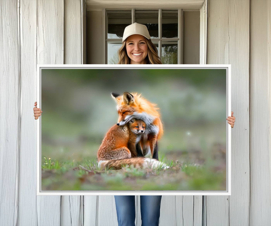 Heartwarming Fox and Baby Cub Wall Art - ready to hang, ideal for animal lovers, rustic decor, and cabin wall art.