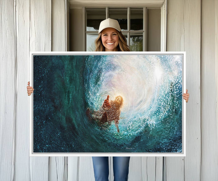 A swimmer heads towards light in an ethereal vortex on the Powerful Jesus Canvas Print - Hand of Salvation, Inspirational Wall Art.