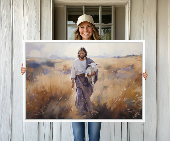 A canvas art piece depicts a bearded man carrying a lamb in a field, reminiscent of Jesus the Good Shepherd, ideal for prayer room decor.