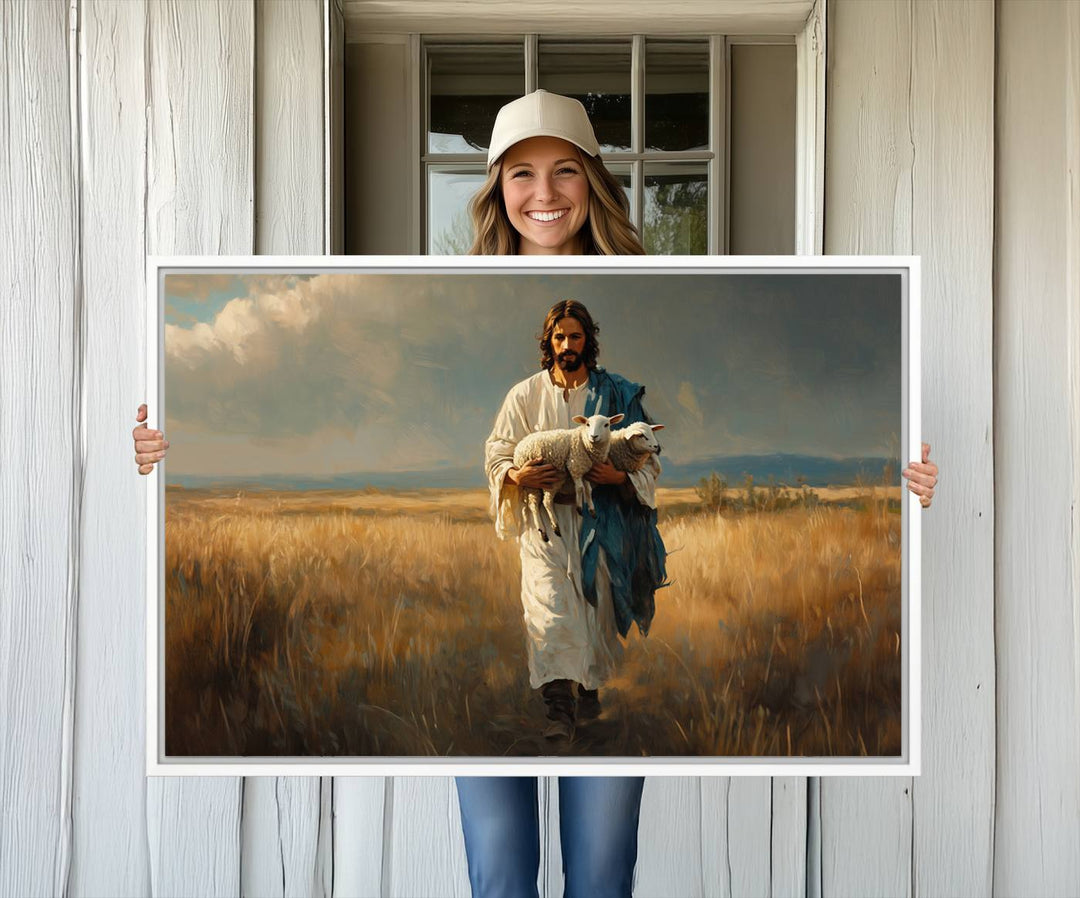 This Jesus Shepherd Wall Art depicts a figure in a white robe carrying a lamb, making it an ideal piece of Christian decor for your home.