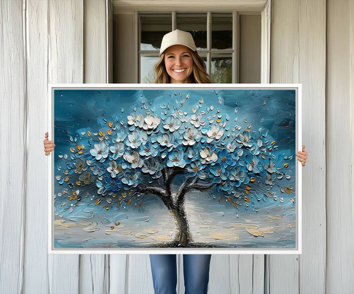 Abstract Blooming Tree Wall Art Print features blue, white, and gold textures on museum-quality canvas, perfect for modern decor.