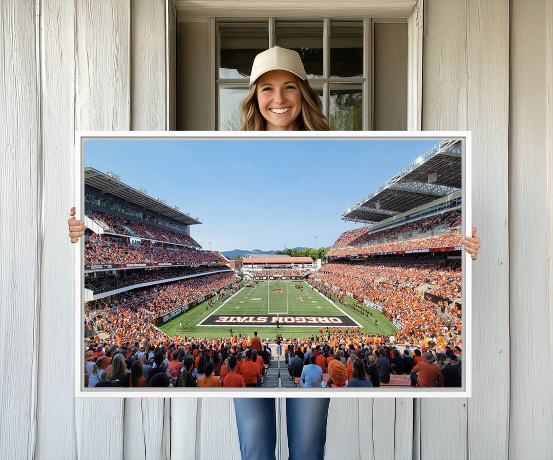 Wide-angle view of Corvallis Reser Stadium with Oregon State field, depicted in Beavers team print canvas art.