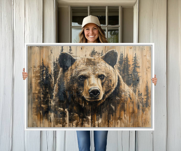 Majestic Grizzly 399 Bear 3-panel rustic canvas print with woodland theme.