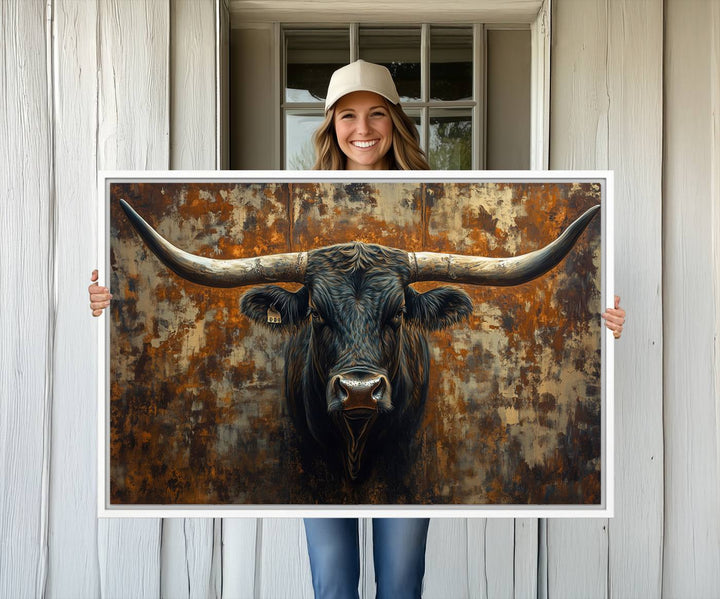 The Longhorn Texas Cow Bull Wall Art canvas print showcases rustic farmhouse decor.