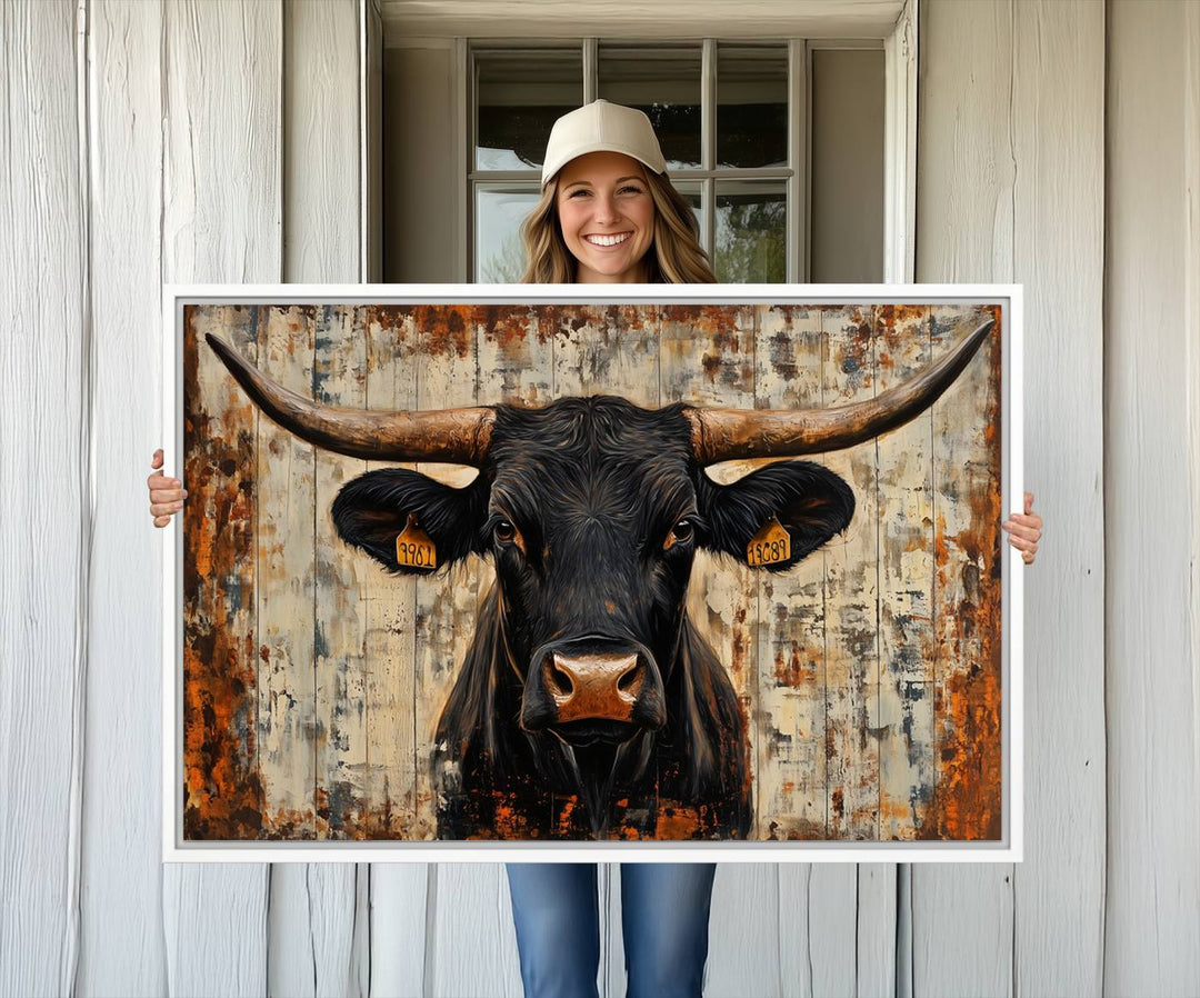 Black bull painting with horns and ear tags, ideal for rustic Texas decor - Abstract Cow Longhorn Bull Canvas Print.