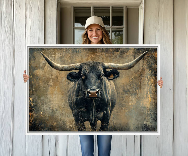 The Longhorn Bull Canvas Print features a bull with prominent horns facing forward, depicted in abstract Texas Western art style.